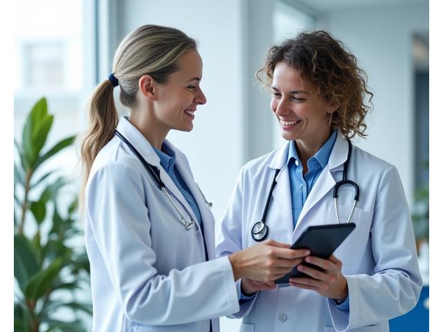 Médica revisando unos resultados en una tablet con un paciente serio al fondo