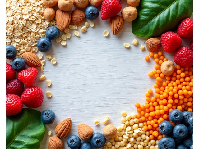 Variedad de alimentos ricos en fibra, como bayas y cereales integrales