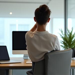 Persona realizando estiramientos suaves y yoga de escritorio en un entorno de oficina