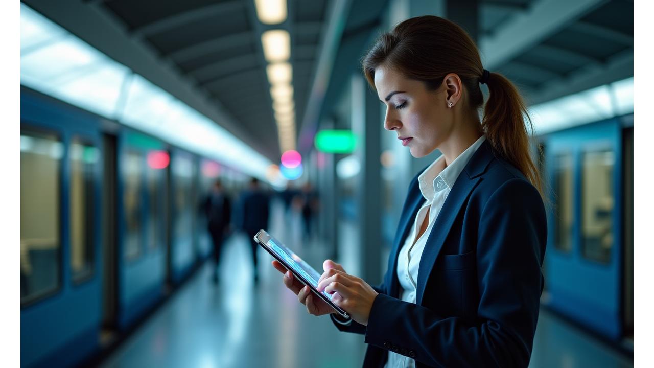Persona adulta activa en un entorno urbano manejando estrés con herramientas digitales innovadoras, mostrando balance entre trabajo y calma