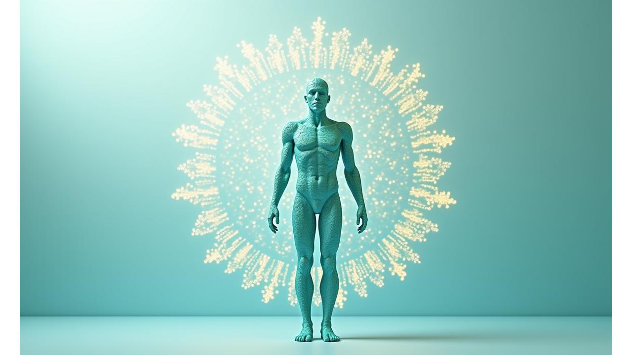 Representación visual de un sistema o red de hábitos saludables interconectados, como dormir, meditar, ejercicio y buena alimentación, que construyen resistencia al estrés