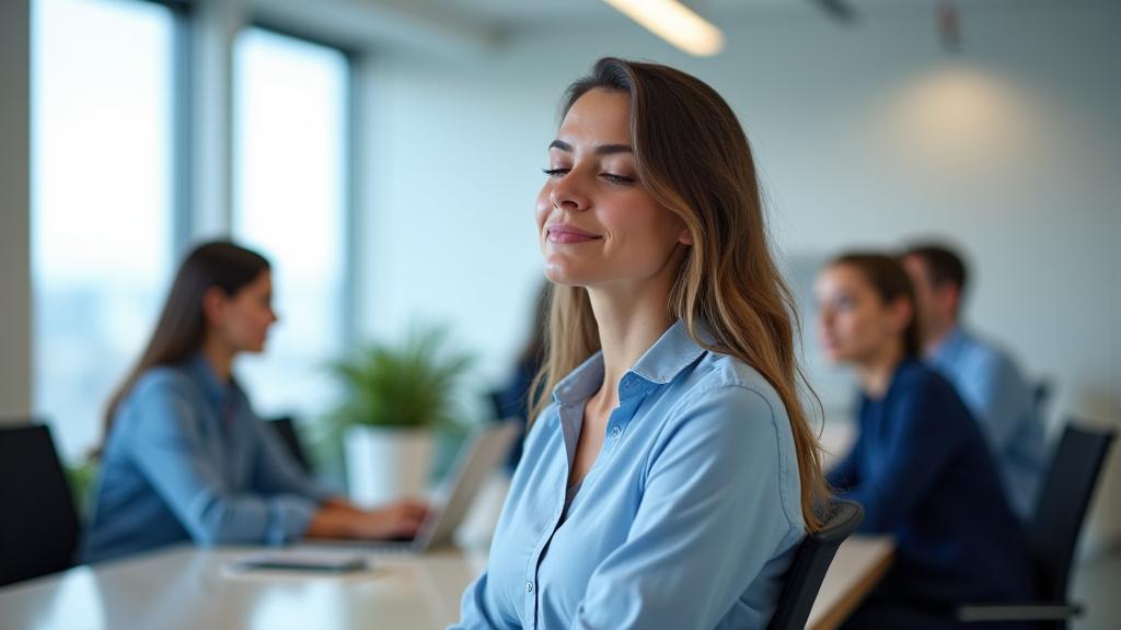 Adulto en oficina realizando una técnica de relajación discreta, como respiración profunda, sin llamar la atención