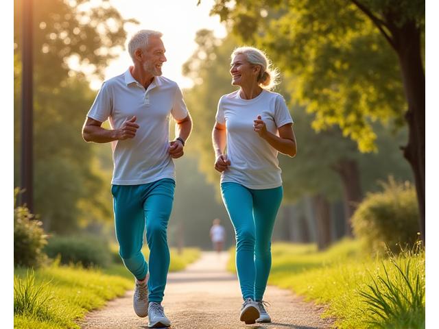 Adultos de mediana edad haciendo ejercicio ligero en un parque, simbolizando la prevención de enfermedades y el envejecimiento activo.