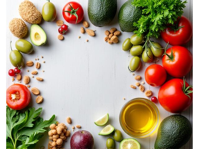 Variedad de alimentos frescos y saludables dispuestos artísticamente, destacando una dieta balanceada adecuada para intolerancias.