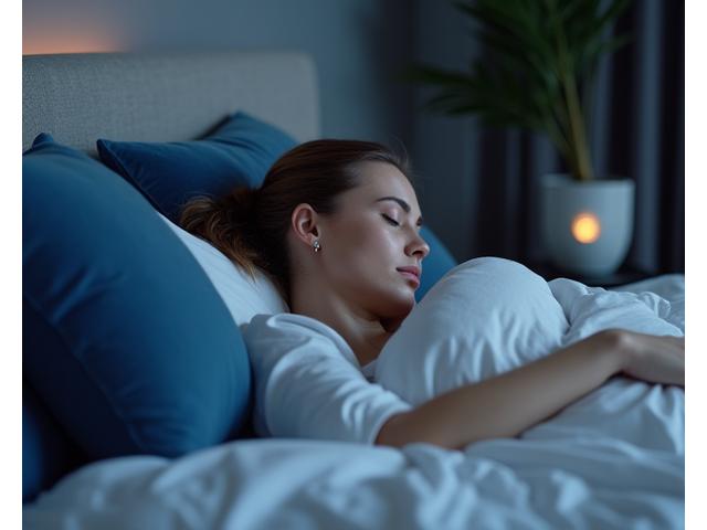Persona durmiendo plácidamente con un dispositivo de seguimiento de sueño en la muñeca, en un ambiente de dormitorio sereno.