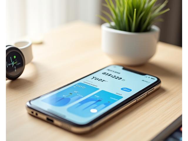 Pantalla de un smartphone mostrando una aplicación de salud con gráficos de progreso y notificaciones de biomarcadores junto a un smartwatch.