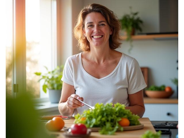Persona de 45 años, mujer, mediterránea, sonriendo mientras prepara una ensalada saludable en una cocina moderna, símbolos de ejercicio y meditación.