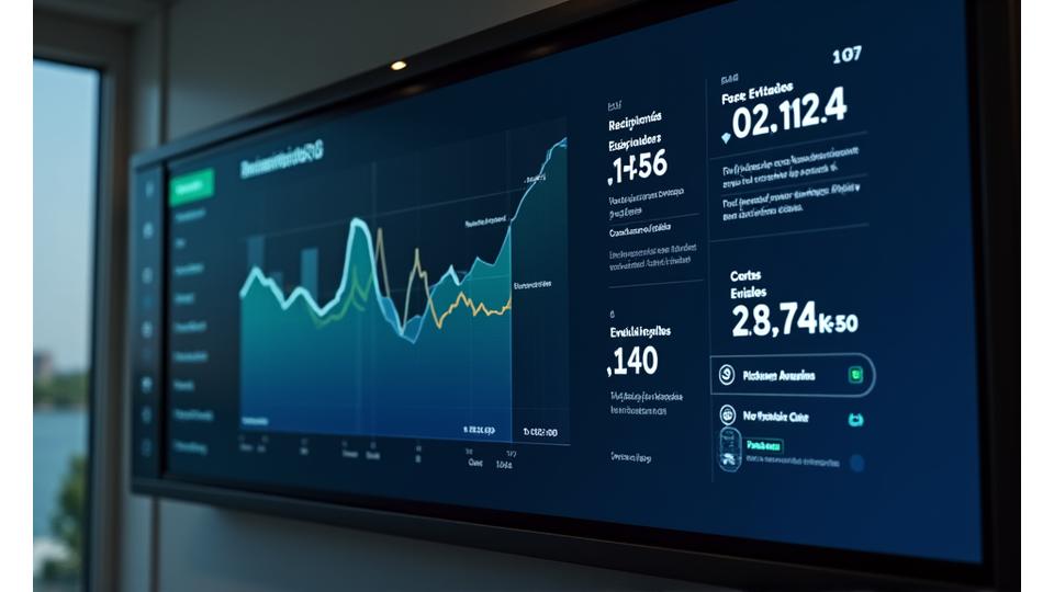 Panel de control digital con gráficos de progreso de biomarcadores a lo largo del tiempo, mostrando reducción de riesgo y ahorro en costos médicos proyectados.