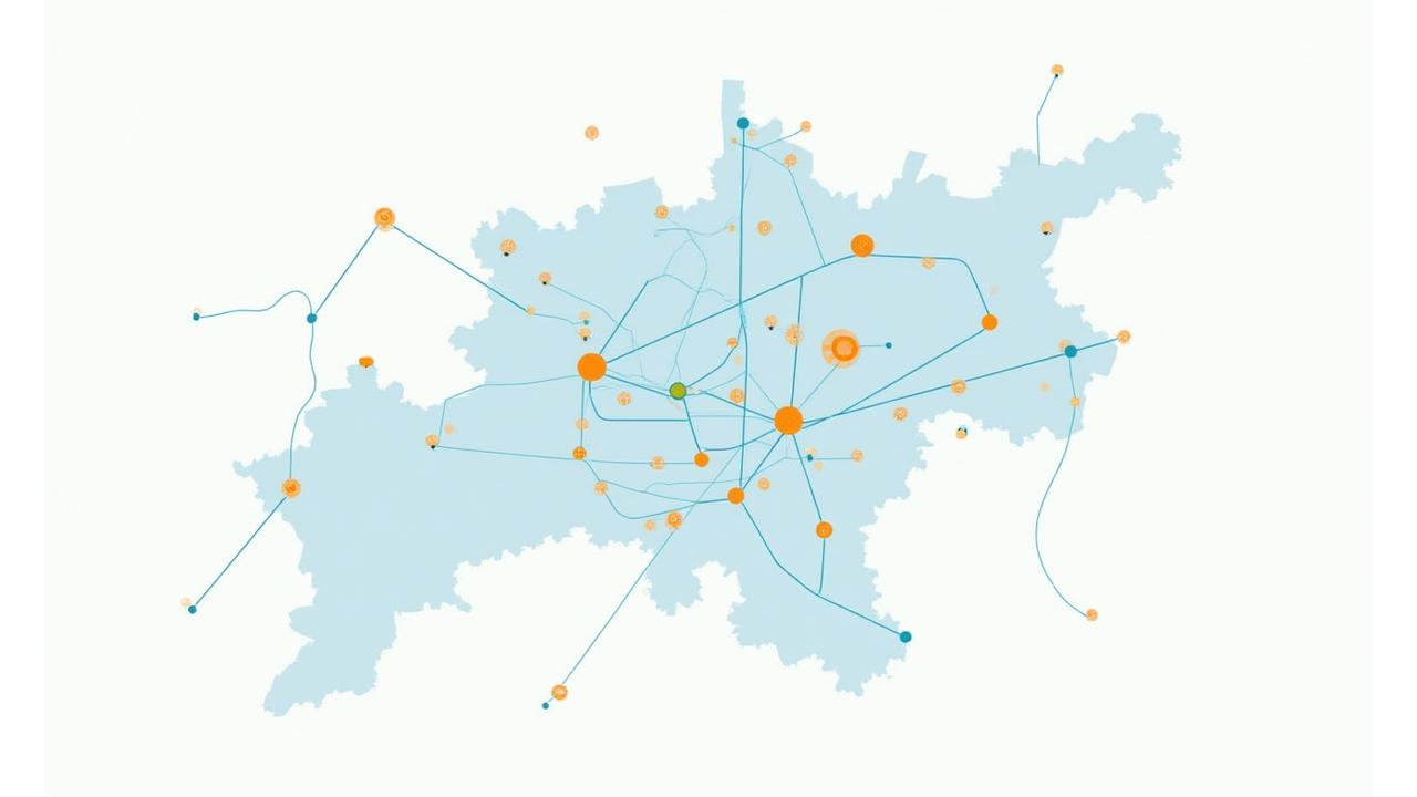 Mapa estilizado de Madrid mostrando puntos de conexión con instituciones de salud y eventos comunitarios.
