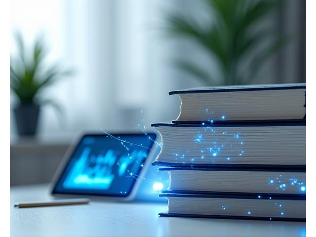 Pilas de libros de texto científicos y revistas de investigación con elementos digitales superpuestos.