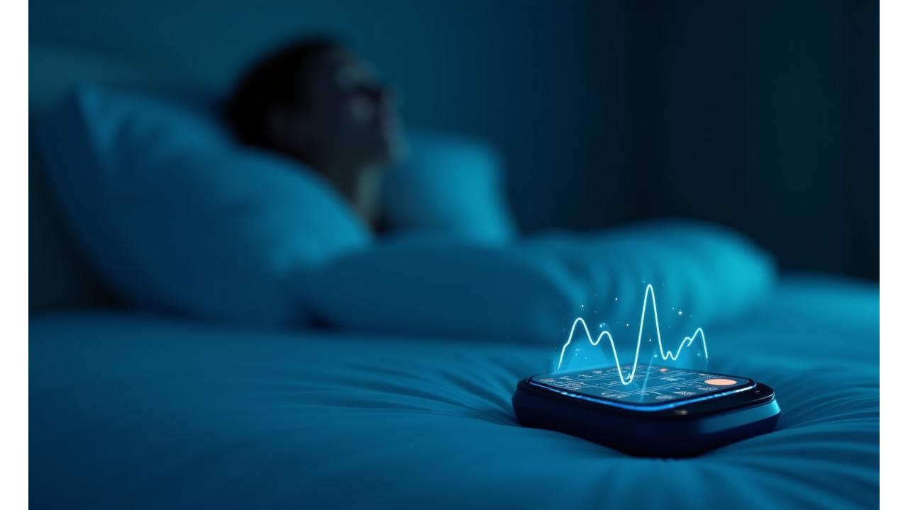 Representación de un gráfico de seguimiento de sueño en una pantalla, mostrando ciclos de sueño profundo y ligero, con un ambiente de calma y tecnología avanzada.