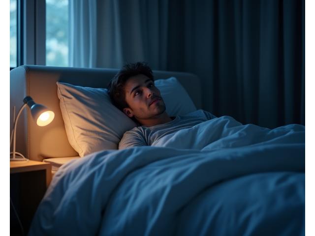 Persona adulta en la cama, mirando el techo, con expresión de preocupación y dificultad para conciliar el sueño, en una habitación tenuemente iluminada.