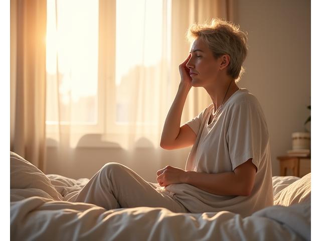 Persona adulta bostezando y frotándose los ojos por la mañana, aunque parece haber dormido una noche completa, indicando fatiga a pesar de las horas de sueño.