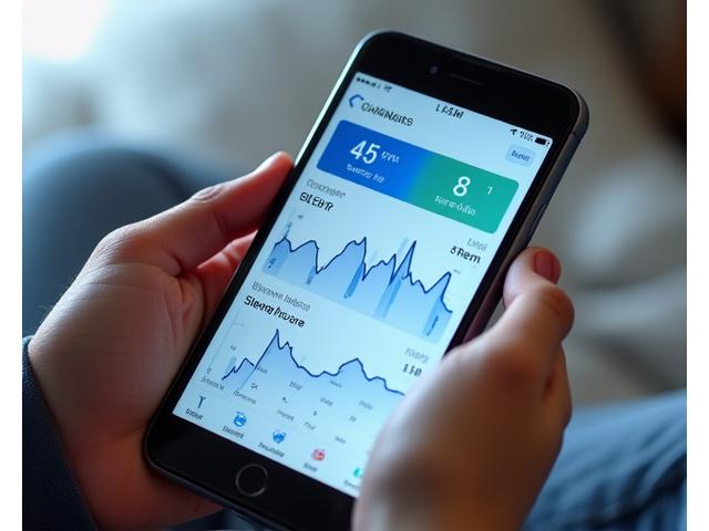 Dashboard de una aplicación de seguimiento de sueño en un smartphone, mostrando gráficos detallados de etapas de sueño, frecuencia cardíaca nocturna y patrones de descanso, con una interfaz de usuario clara y moderna.