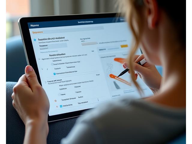 Persona de 40 años completando un cuestionario digital sobre sus hábitos de vida en una tablet, con gráficos de progreso y opciones de respuesta interactivas.