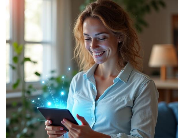 Mujer sonriendo mientras interactúa en un taller virtual de bienestar en su tablet, rodeada de elementos que simbolizan conexión y aprendizaje.