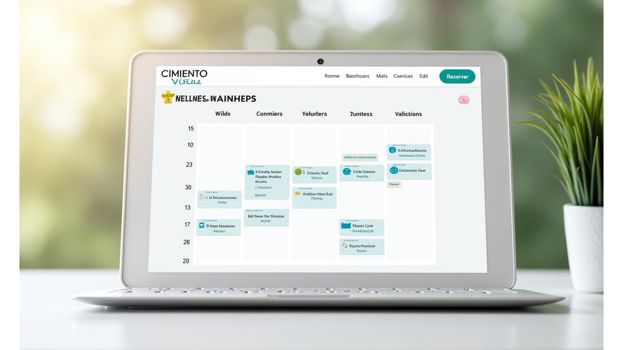 Visualización de un calendario web interactivo mostrando talleres disponibles con fechas, horas, nombres de instructores y un contador de plazas restantes.